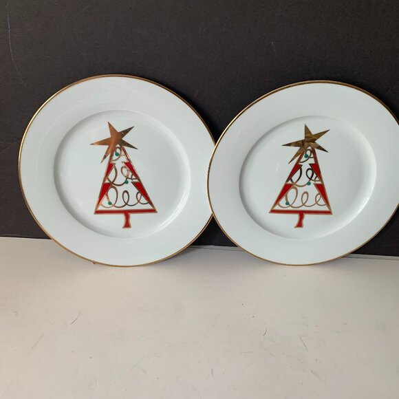 (2) Pier 1 Red Gold Trim Christmas Tree Porcelain 7.5” Salad Dessert Plates - Picture 1 of 7